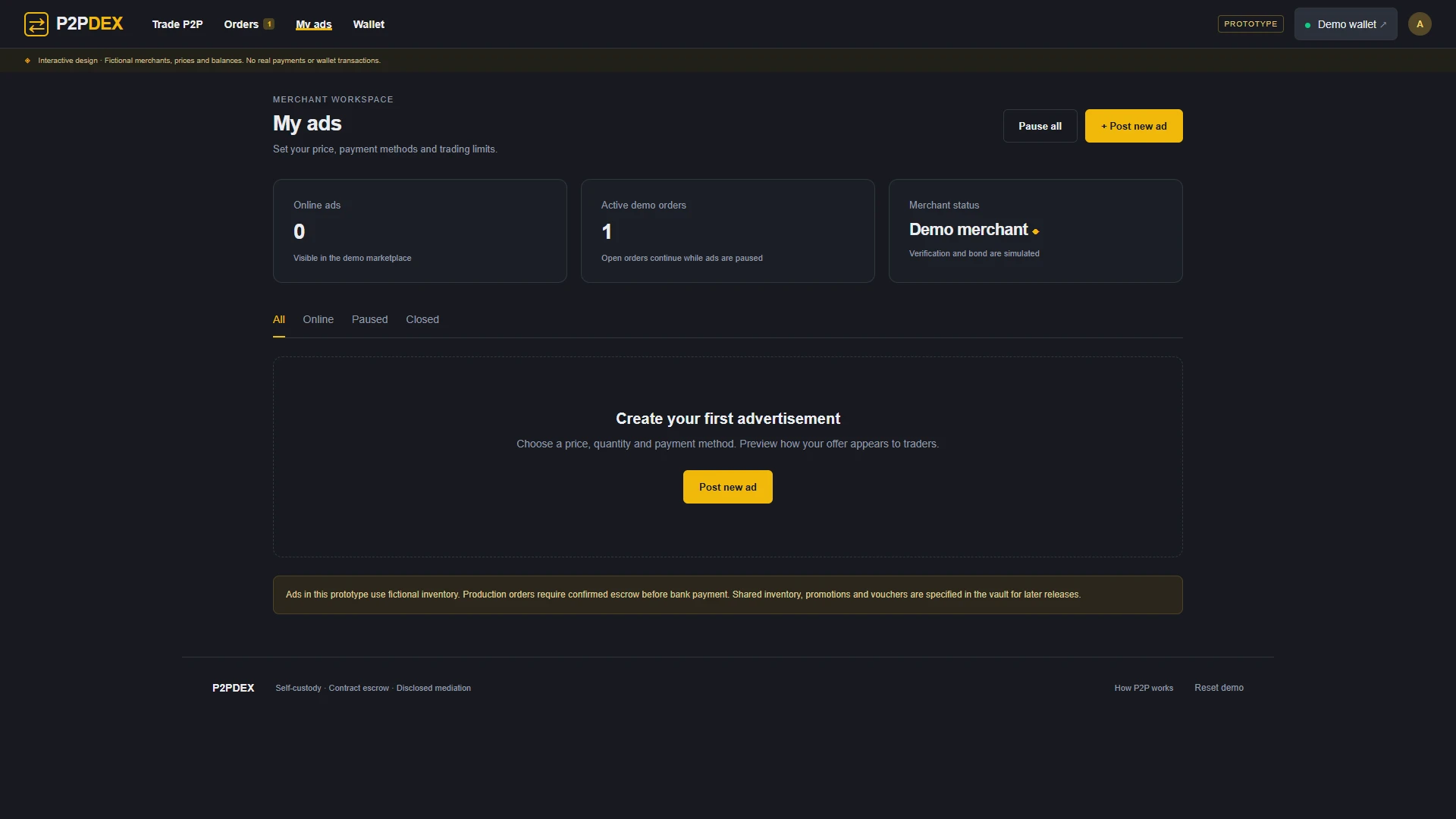 P2PDEX merchant workspace: the online ad with its price, rails and limits, and the controls to pause or post