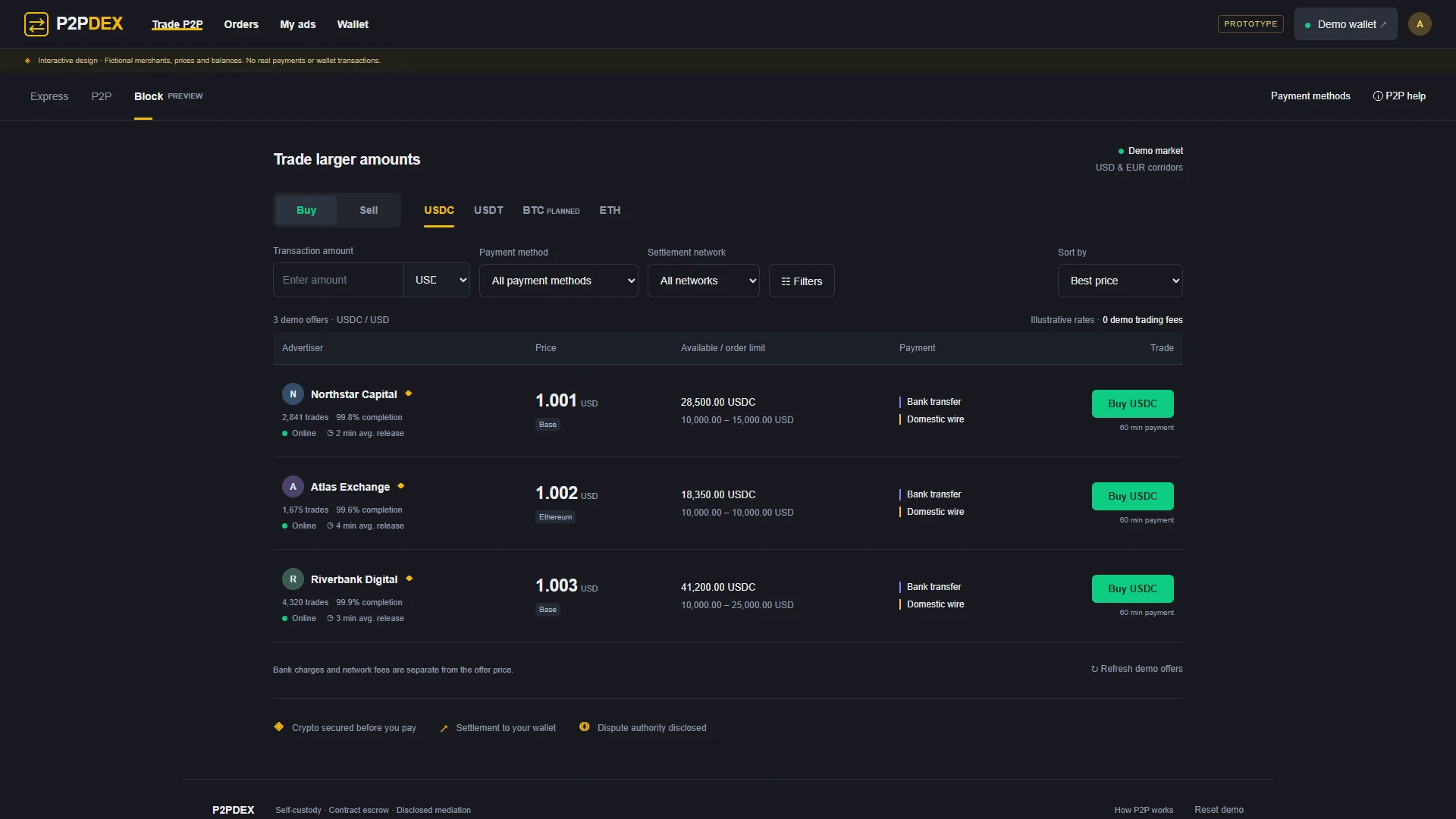 P2PDEX Block: the large-ticket lane with its own minimum and verified-merchant cohort