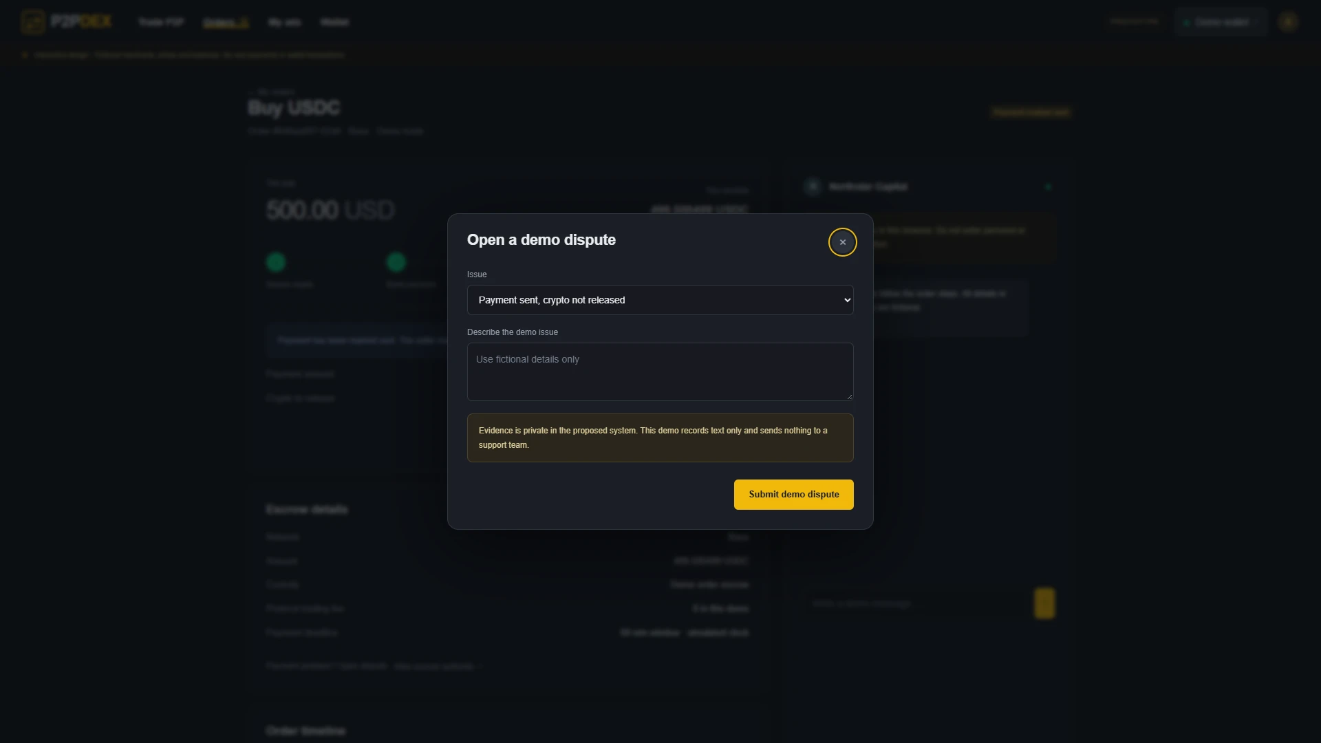 A P2PDEX order in dispute: the frozen trade and the dispute form with its evidence rules