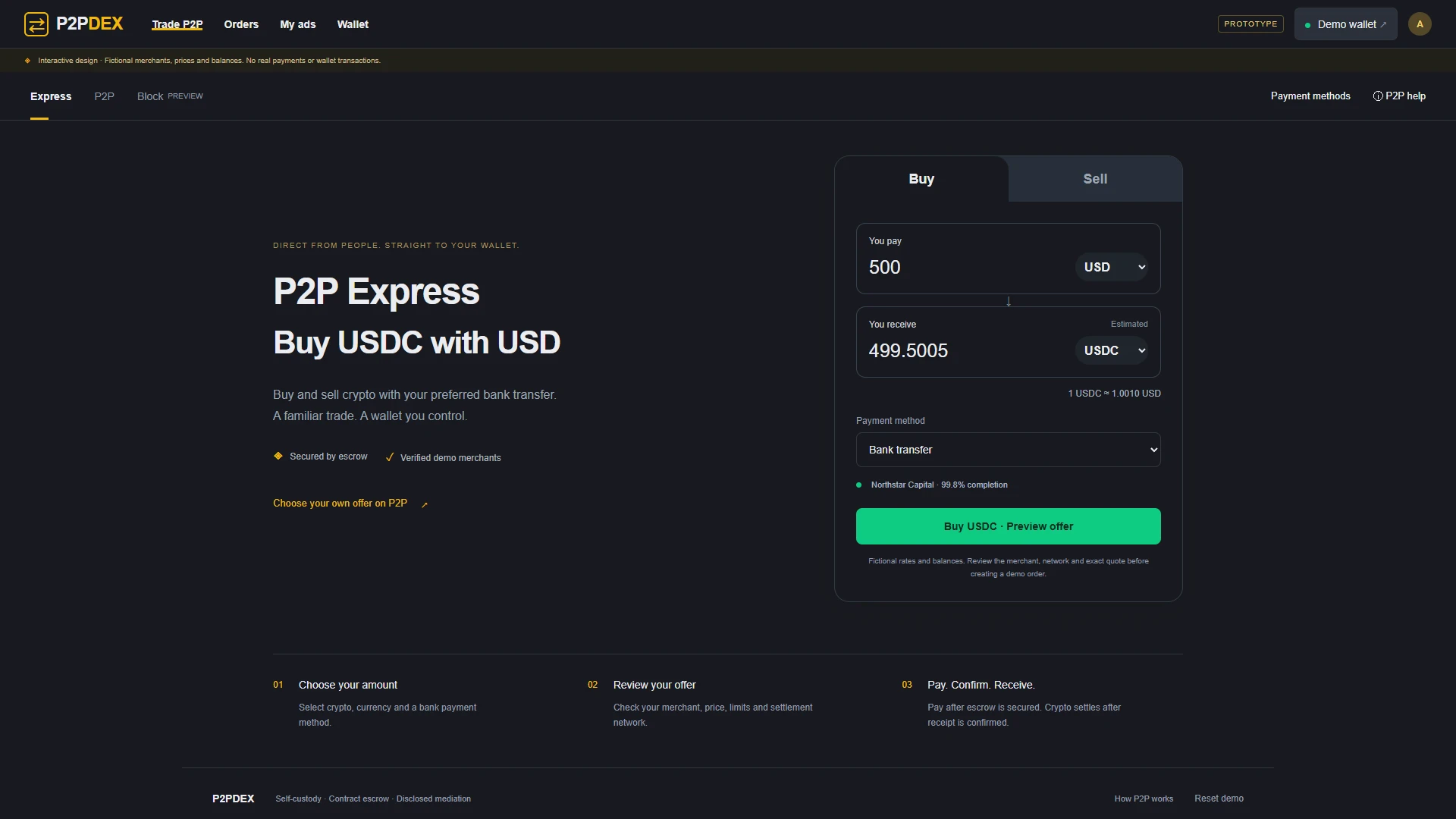 P2PDEX Express: one card that matches an amount to an eligible merchant and previews the quote