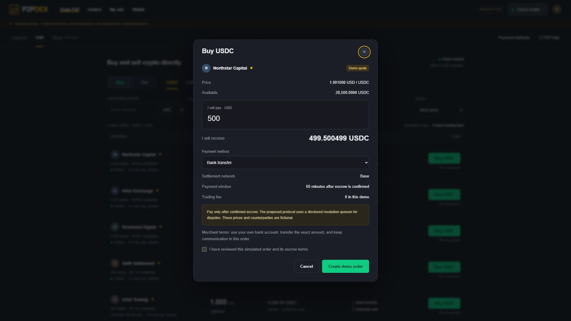A P2PDEX quote: price, amount to pay and receive, payment method, settlement network, payment window and the escrow terms to accept