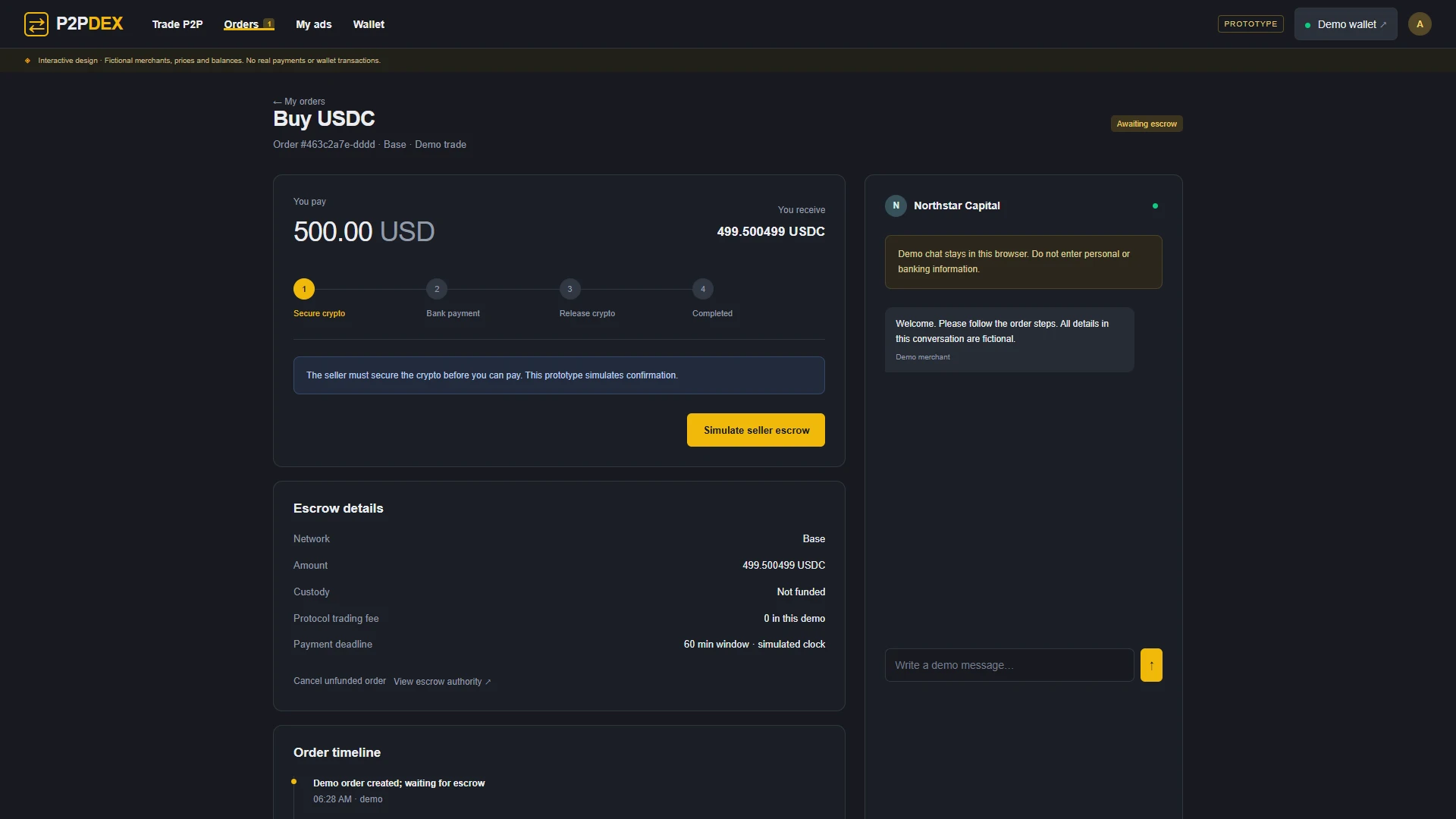 A P2PDEX demo order room: the stepper from escrow to release, the payment card and the escrow status