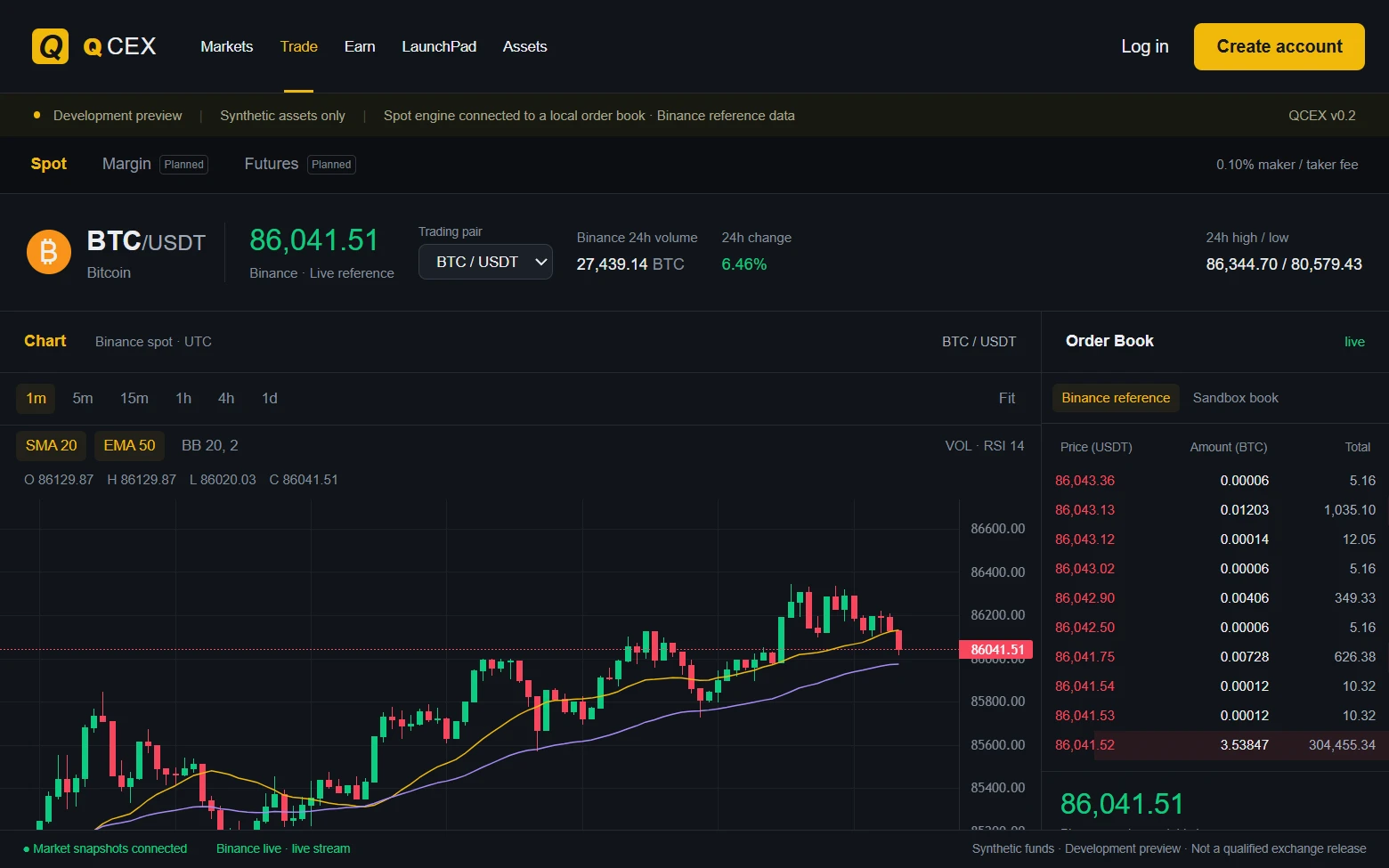 The live QCEX demo on a desktop: a BTC/USDT candle chart with the order book beside it