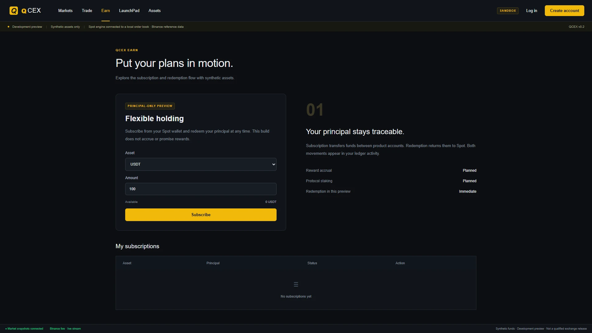 QCEX Earn: the principal-only subscription form and the ledger notes beside it