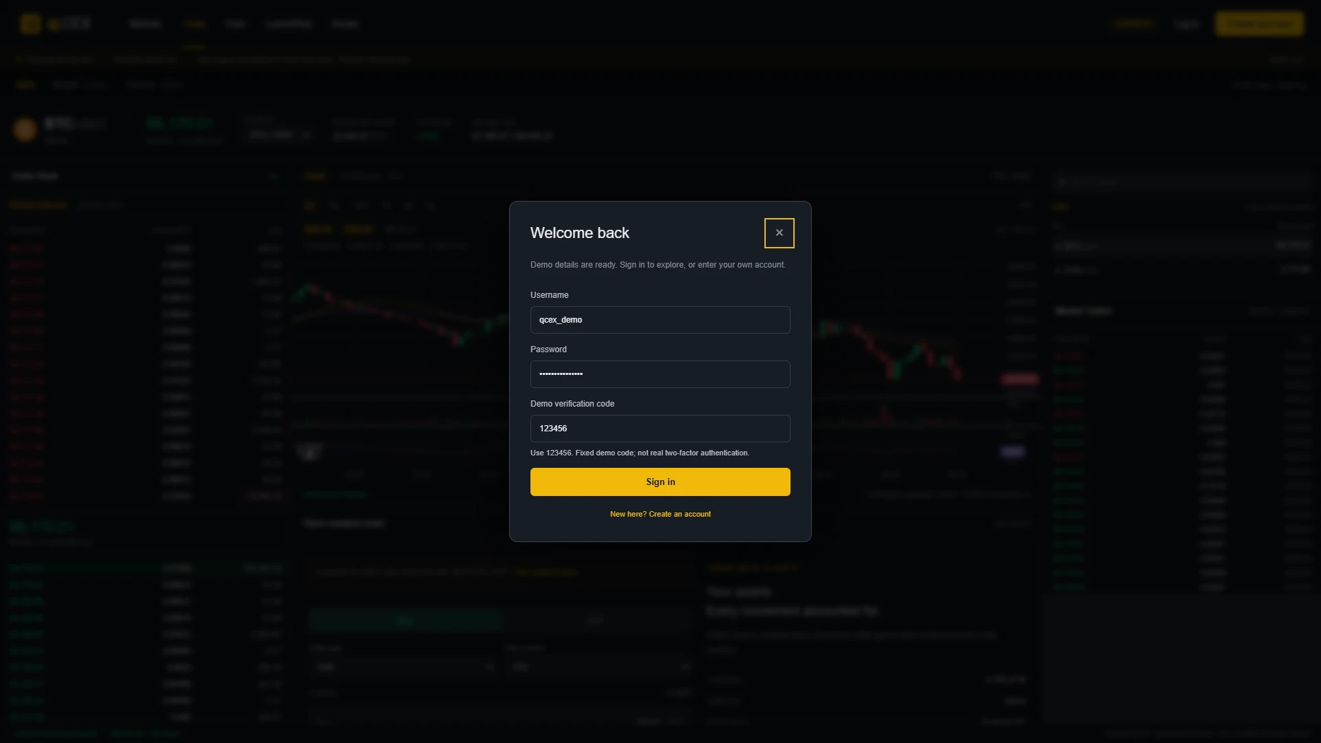The QCEX sign-in dialog over the terminal