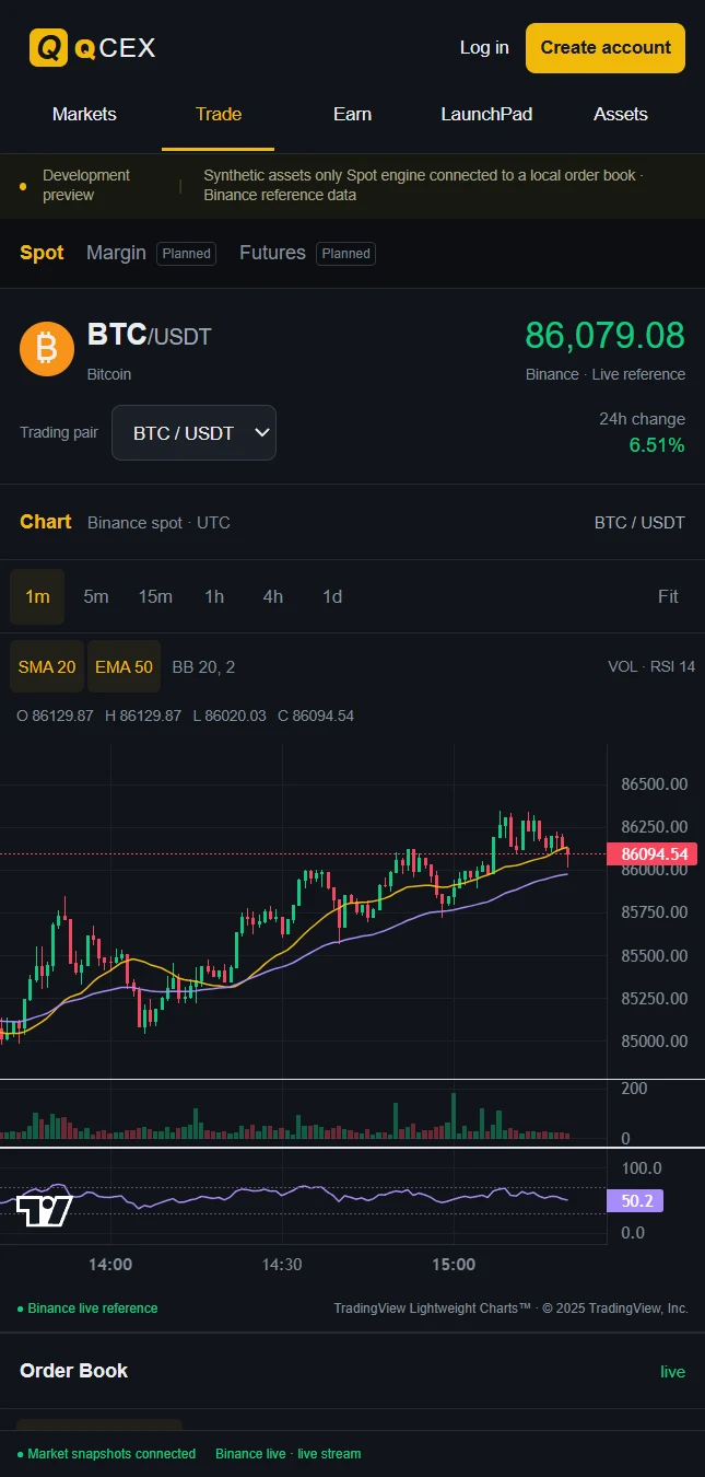 The live QCEX demo on a phone: the BTC/USDT price and candle chart