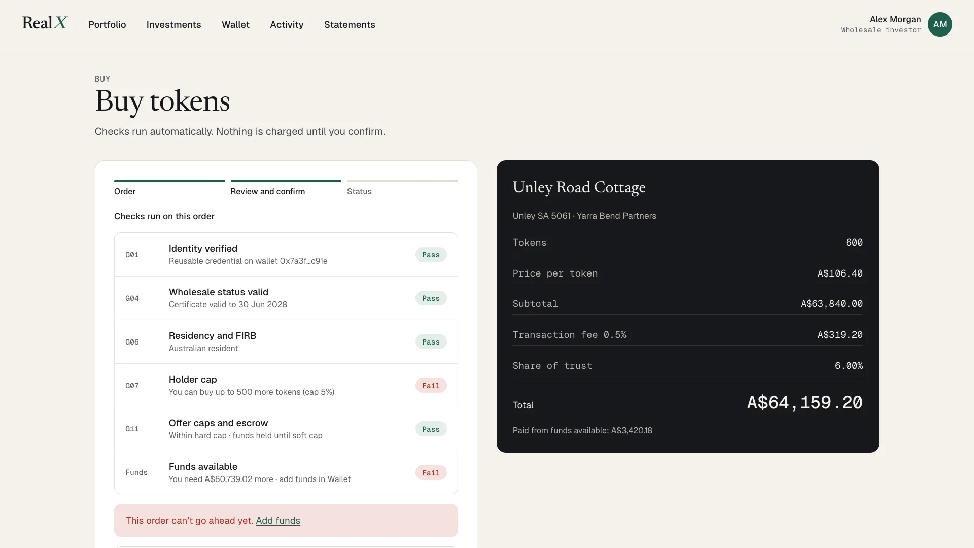 RealX Buy tokens, review step: six checks listed with their gate IDs, identity verified, wholesale status valid, residency and FIRB, holder cap, offer caps and escrow, funds available; holder cap and funds show Fail, the order summary for 600 tokens of Unley Road Cottage is on the right, and a notice says this order can't go ahead yet
