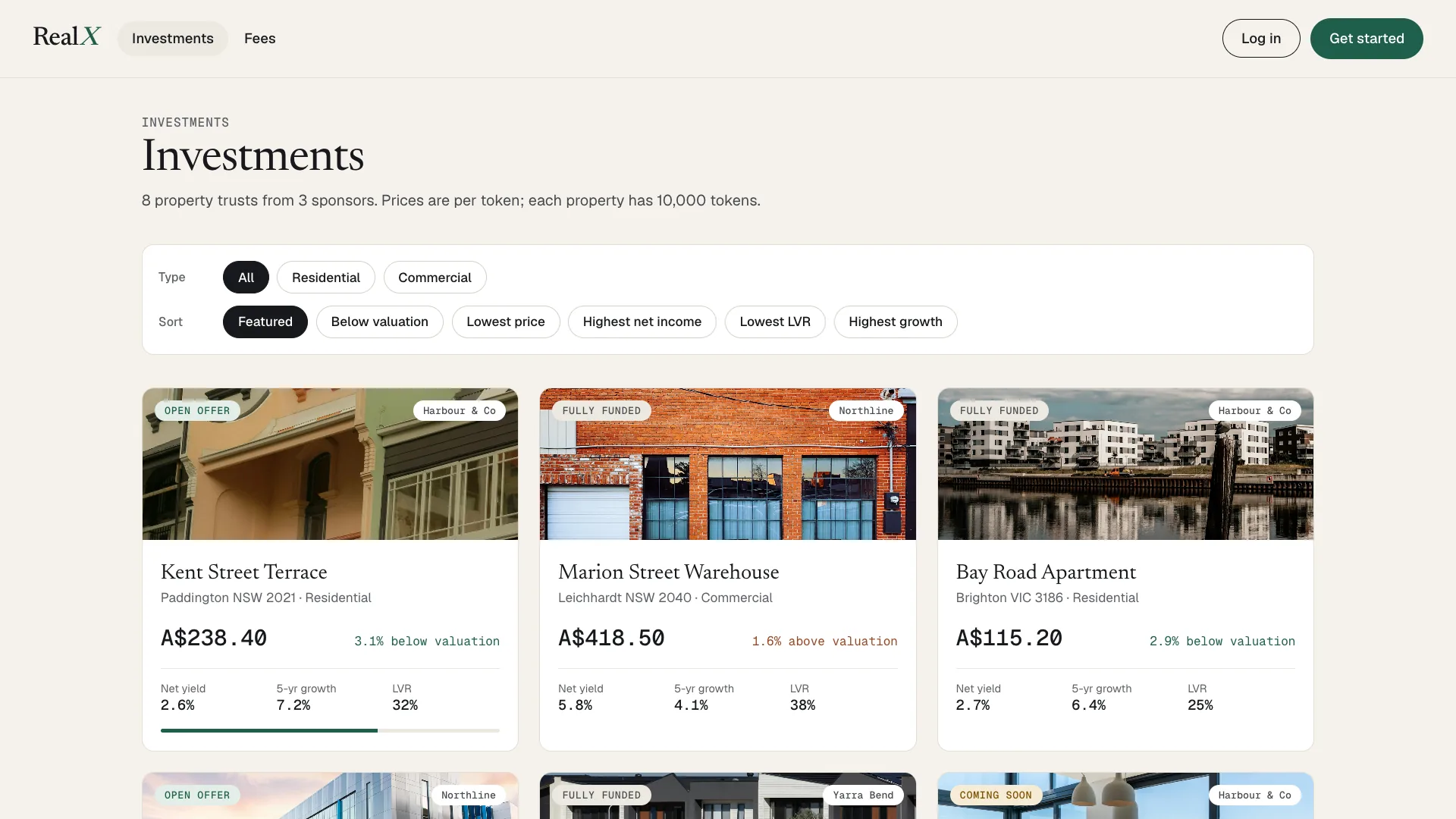 The live RealX demo at 1080p: the Investments page with eight property trusts as cards, each with its photo, status, sponsor, token price, discount to valuation, net yield, five-year growth and LVR