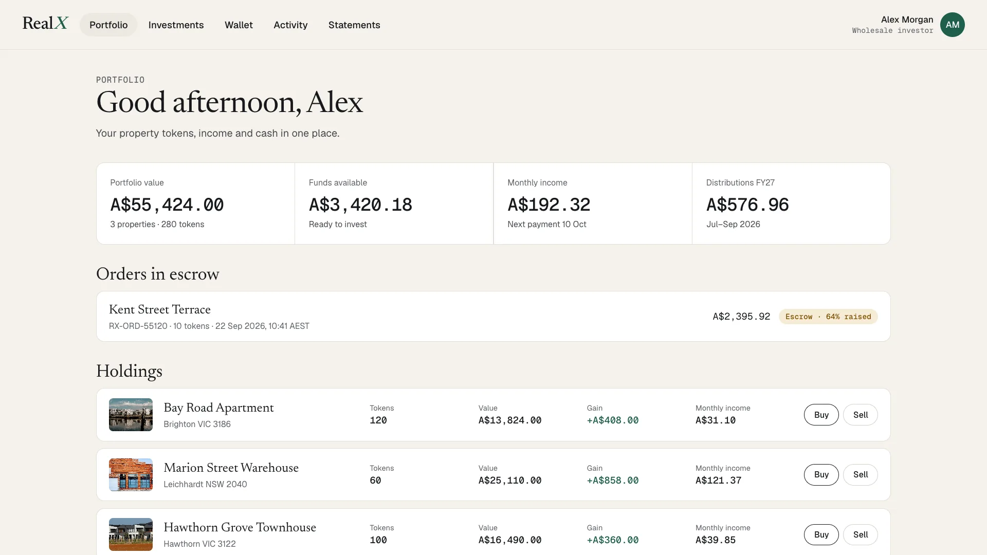 A RealX investor portfolio: portfolio value, funds available, monthly income and distributions this financial year, an order in escrow for Kent Street Terrace, and three holdings each with tokens, value, gain, monthly income and Buy and Sell buttons