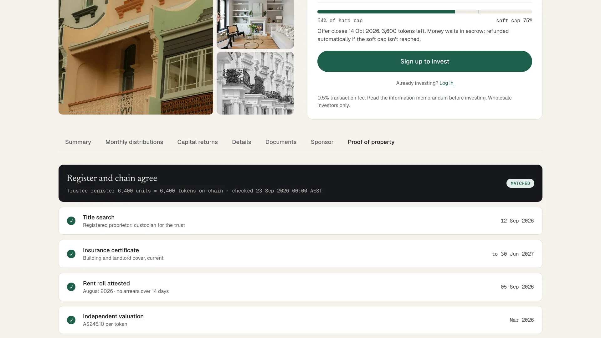 The Proof of property tab on a RealX listing: a banner reading Register and chain agree, matched, 6,400 units equal 6,400 tokens on-chain, then title search, insurance certificate, attested rent roll and independent valuation, each ticked and dated