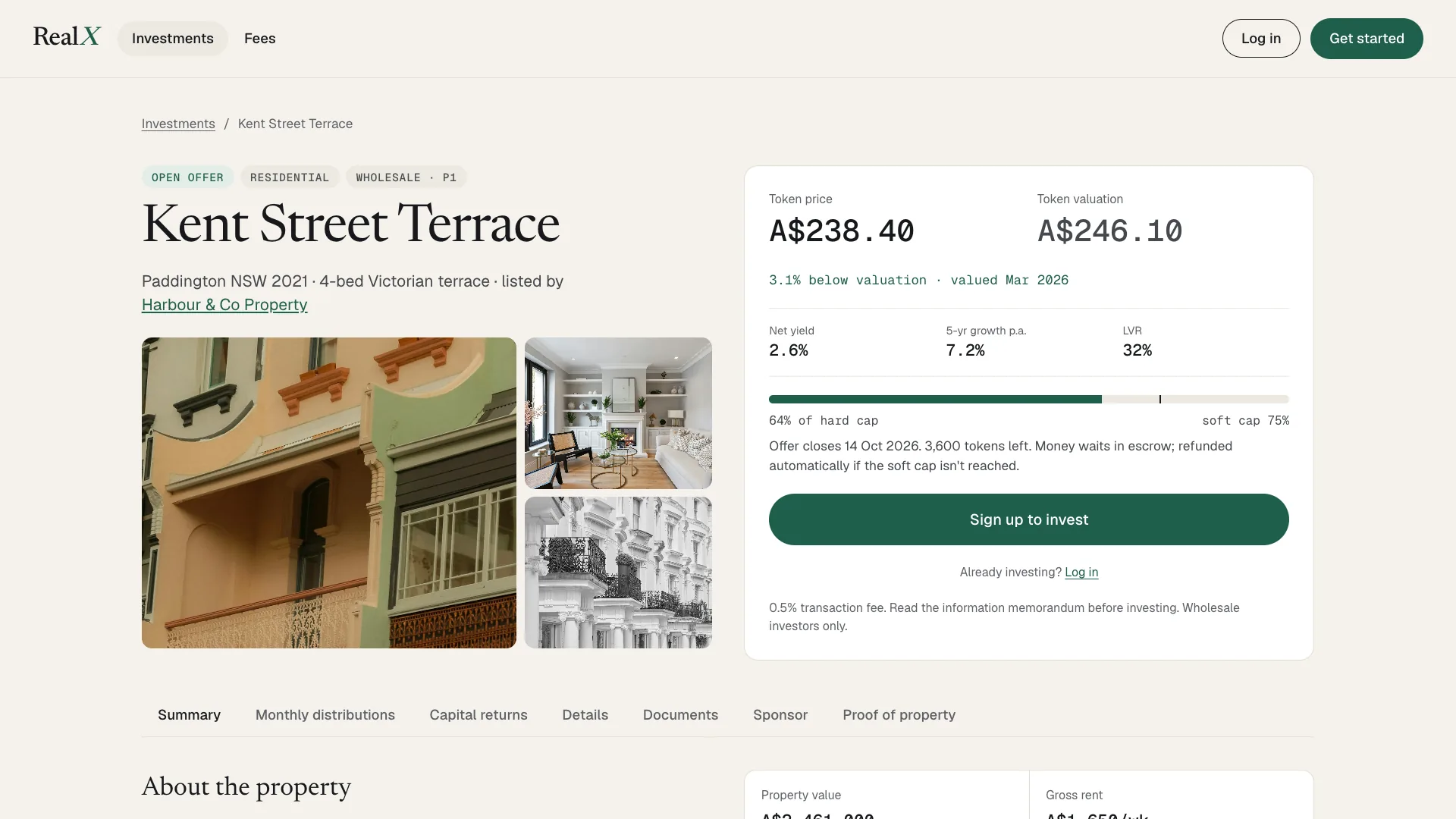 A RealX property listing: Kent Street Terrace, an open offer, with photos, token price against valuation, net yield, growth and LVR, the progress to hard cap and soft cap, the close date and a Sign up to invest button