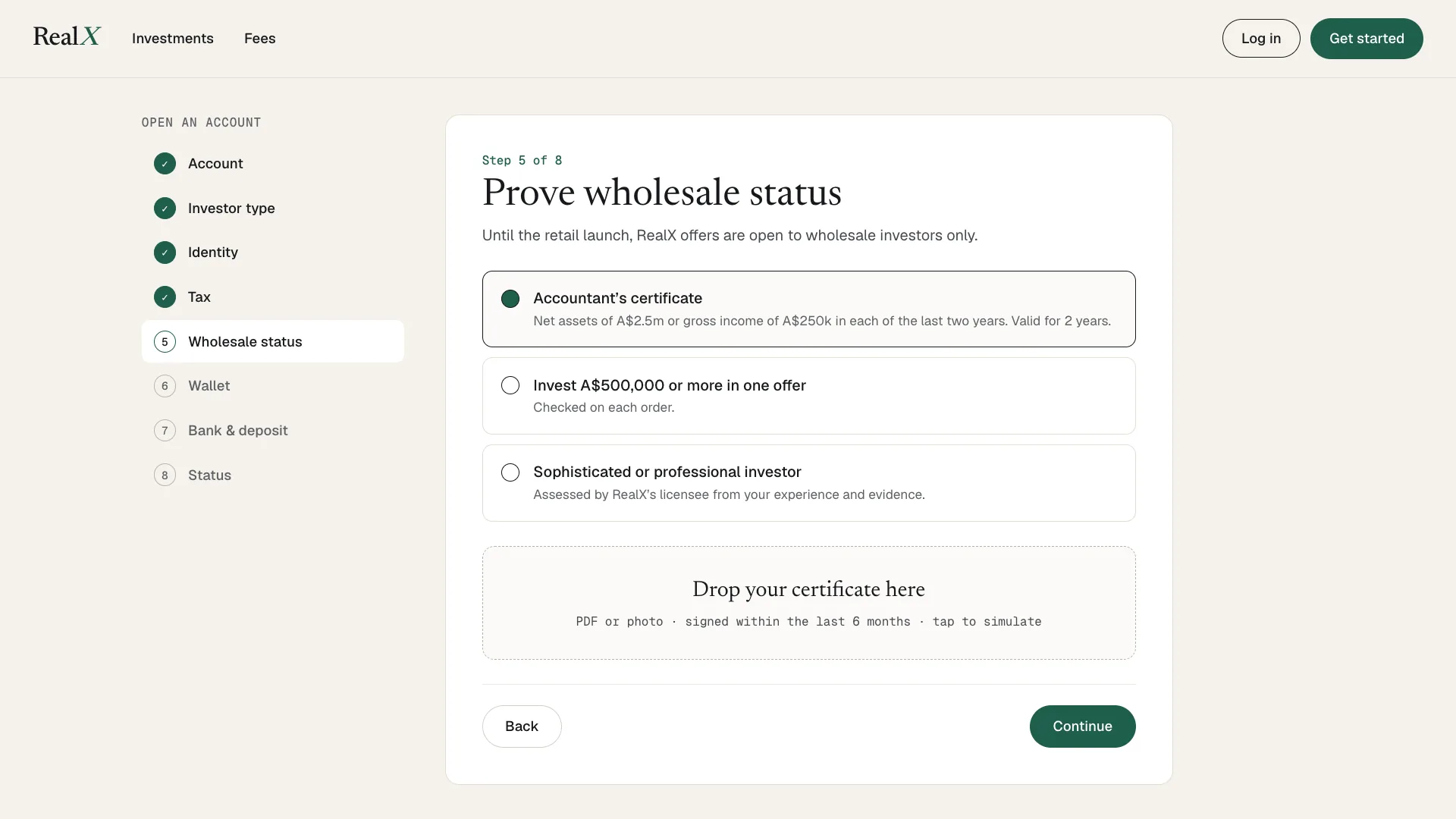 RealX sign-up, step 5 of 8, Prove wholesale status: the eight steps listed on the left with four ticked, then three routes, an accountant's certificate, investing A$500,000 or more in one offer, or sophisticated investor status, and a drop zone for the certificate